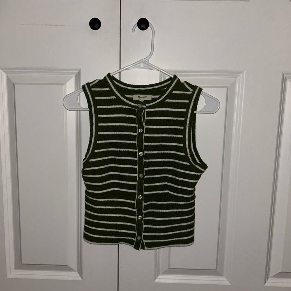 Madewell Striped Olive & White Knit Button-Front tank